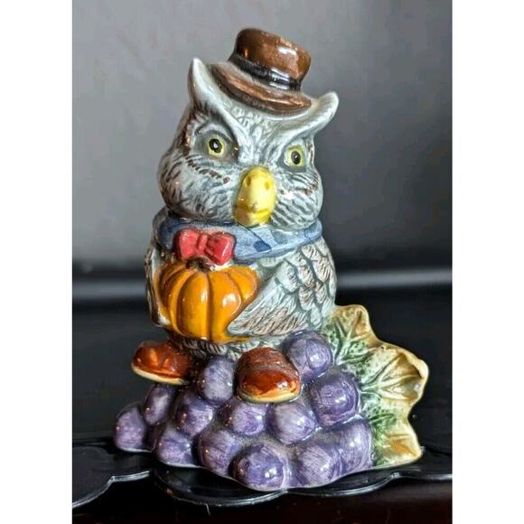 Vtg Autumn Owl Figurine Ceramic Pumpkin Fruit Bow Tie Hat Dressed Fall Decor - Picture 1 of 5